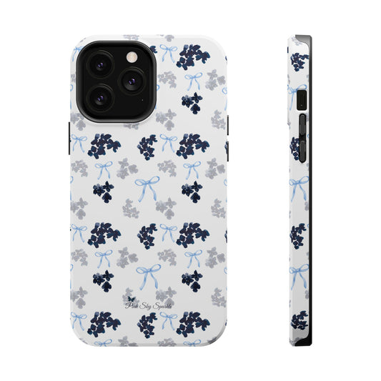 Blue Belle Coquette Magnetic iPhone Case featuring navy flowers and light blue bows on a sleek, protective phone case. Perfect for floral and bow lovers.