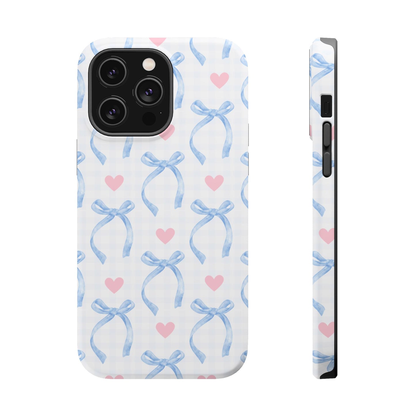 Blue Coquette Magnetic iPhone Case featuring a light blue gingham pattern with bows and hearts, compatible with iPhone 13, 14, 15, and 16 models.