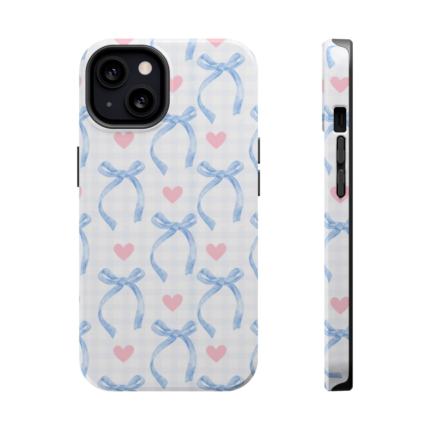 Blue Coquette Magnetic iPhone Case featuring a light blue gingham pattern with bows and hearts, compatible with iPhone 13, 14, 15, and 16 models.