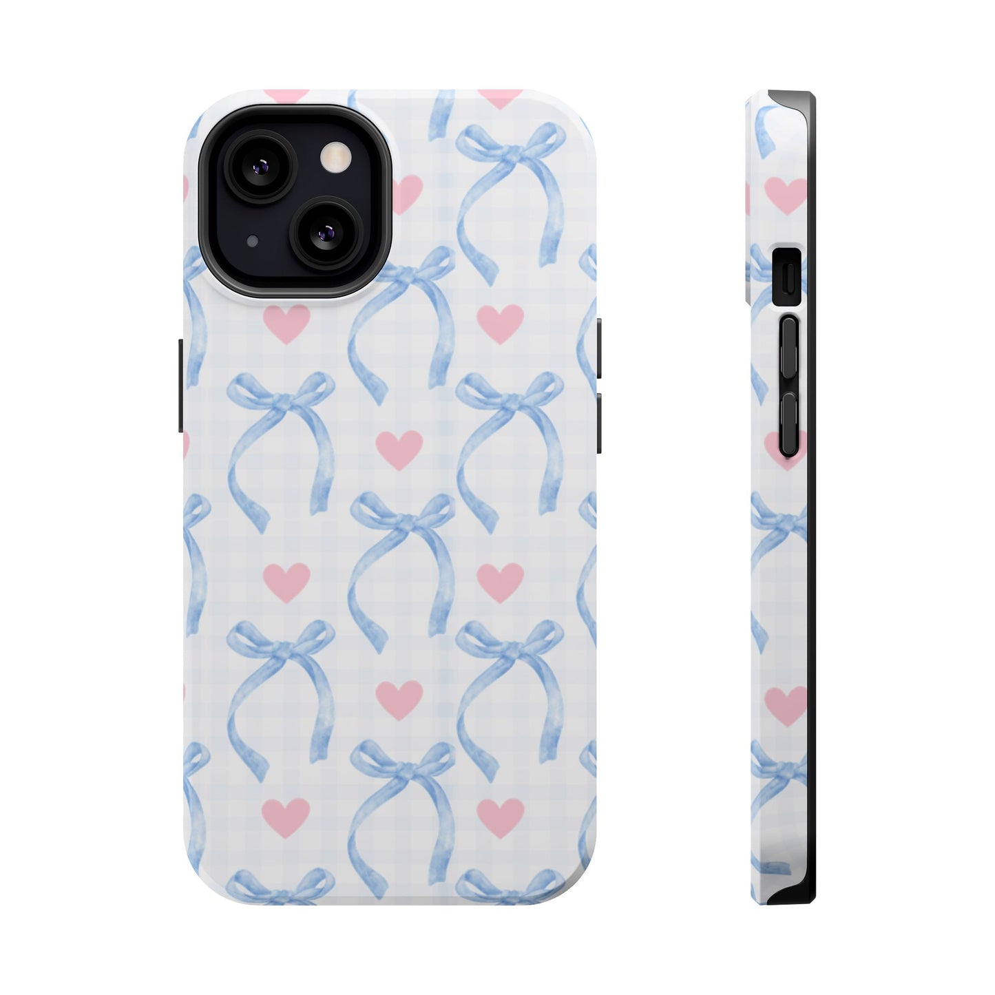 Blue Coquette Magnetic iPhone Case featuring a light blue gingham pattern with bows and hearts, compatible with iPhone 13, 14, 15, and 16 models.