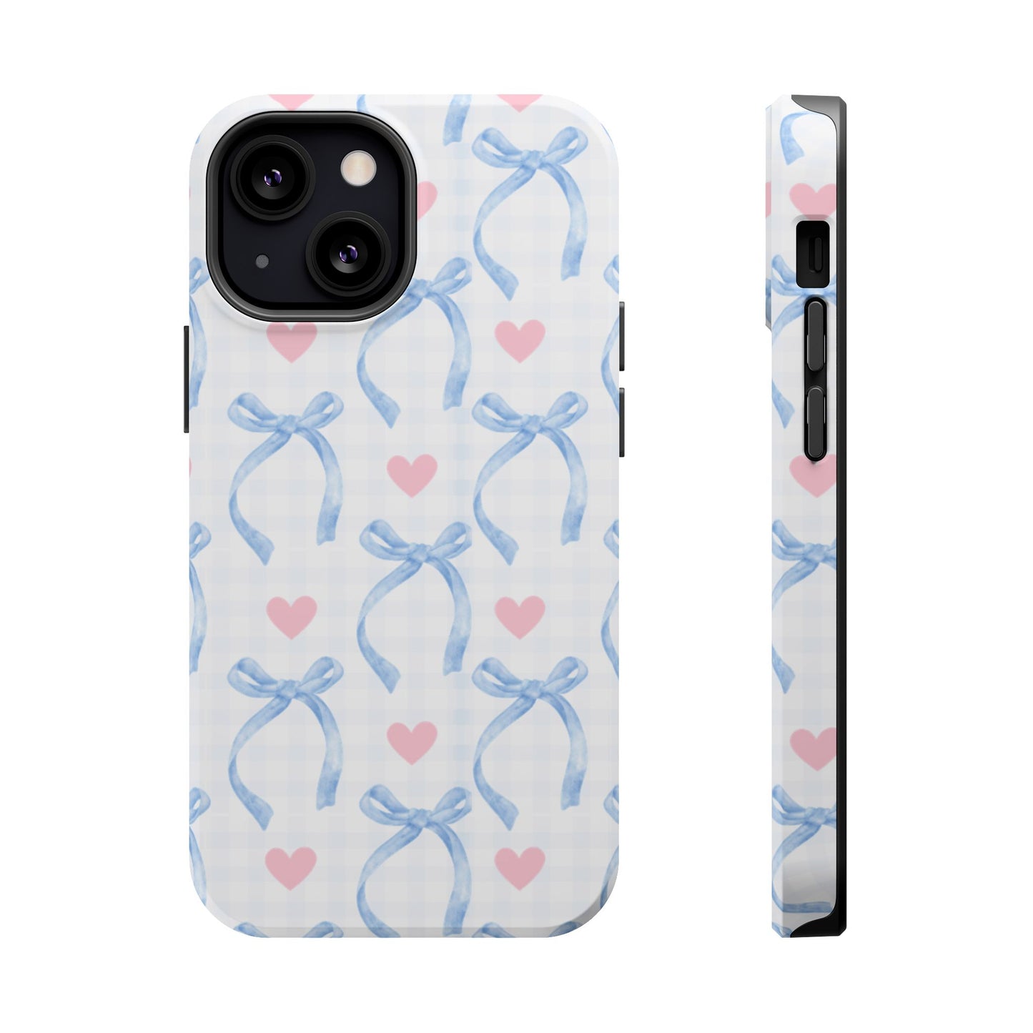 Blue Coquette Magnetic iPhone Case featuring a light blue gingham pattern with bows and hearts, compatible with iPhone 13, 14, 15, and 16 models.