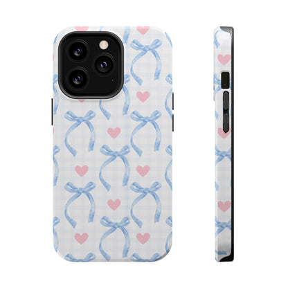 Blue Coquette Magnetic iPhone Case featuring a light blue gingham pattern with bows and hearts, compatible with iPhone 13, 14, 15, and 16 models.