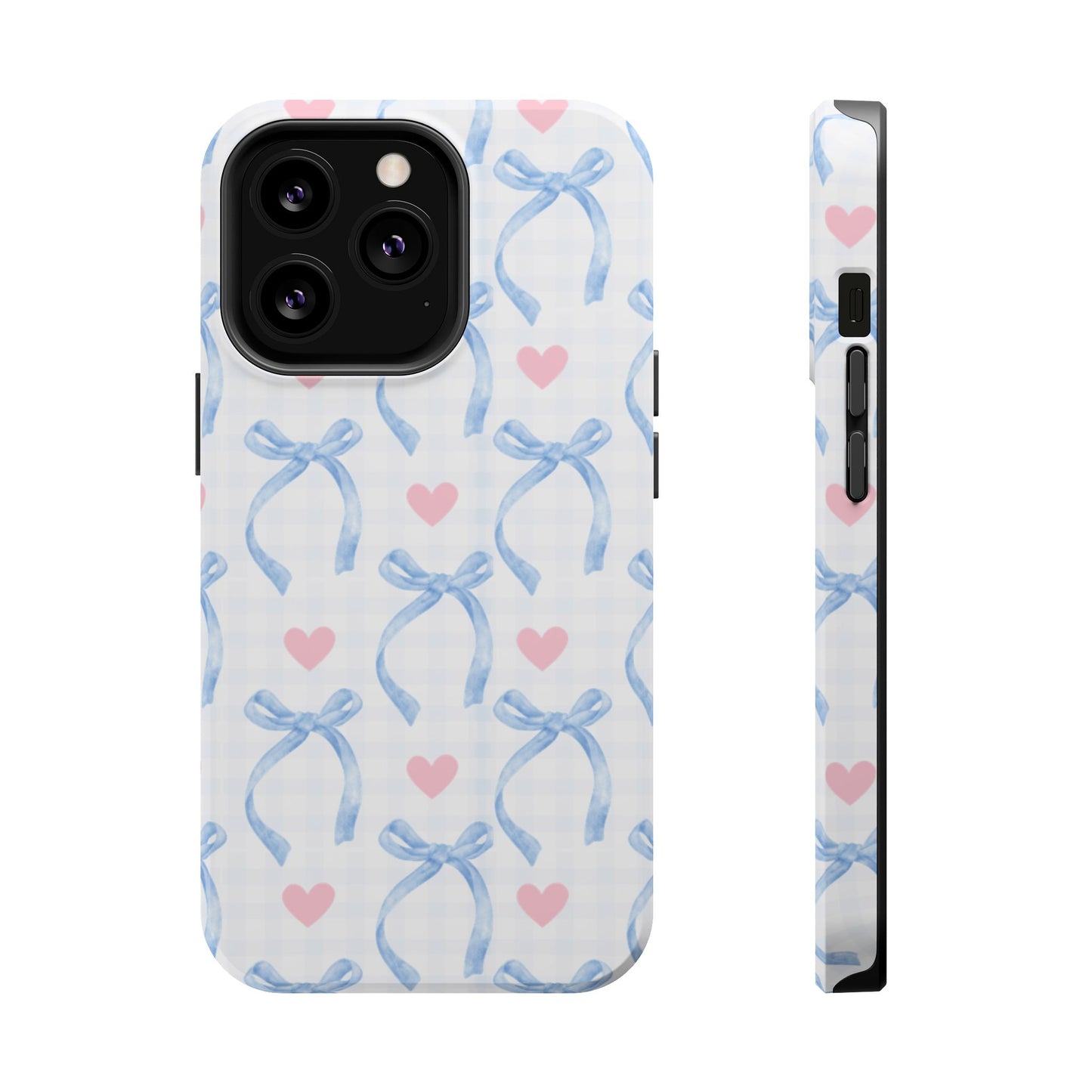 Blue Coquette Magnetic iPhone Case featuring a light blue gingham pattern with bows and hearts, compatible with iPhone 13, 14, 15, and 16 models.