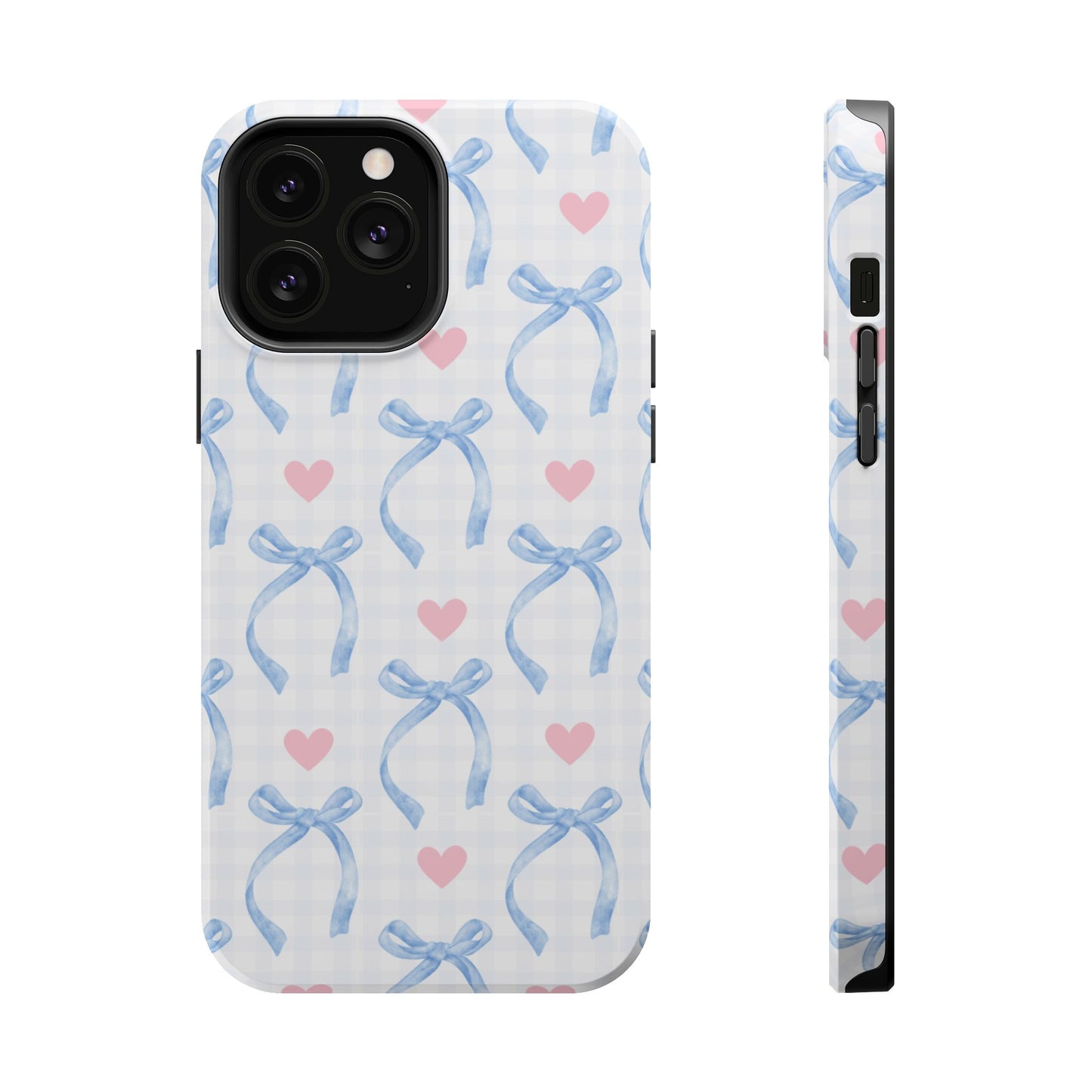 Blue Coquette Magnetic iPhone Case featuring a light blue gingham pattern with bows and hearts, compatible with iPhone 13, 14, 15, and 16 models.