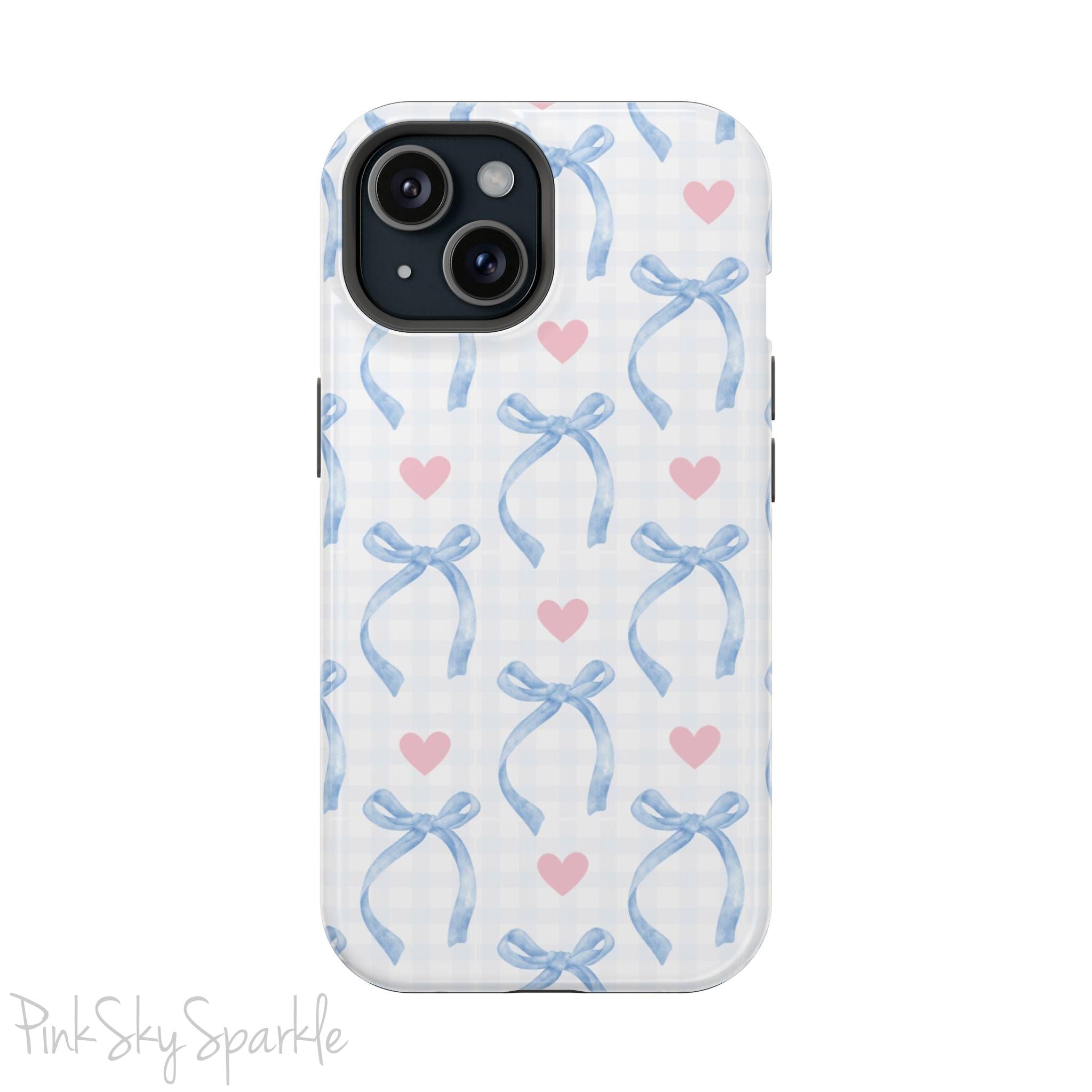 Blue Coquette Magnetic iPhone Case featuring a light blue gingham pattern with bows and hearts, compatible with iPhone 13, 14, 15, and 16 models.