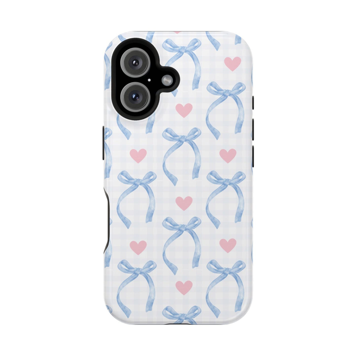 Blue Coquette Magnetic iPhone Case featuring a light blue gingham pattern with bows and hearts, compatible with iPhone 13, 14, 15, and 16 models.