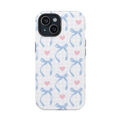 Blue Coquette Magnetic iPhone Case featuring a light blue gingham pattern with bows and hearts, compatible with iPhone 13, 14, 15, and 16 models.