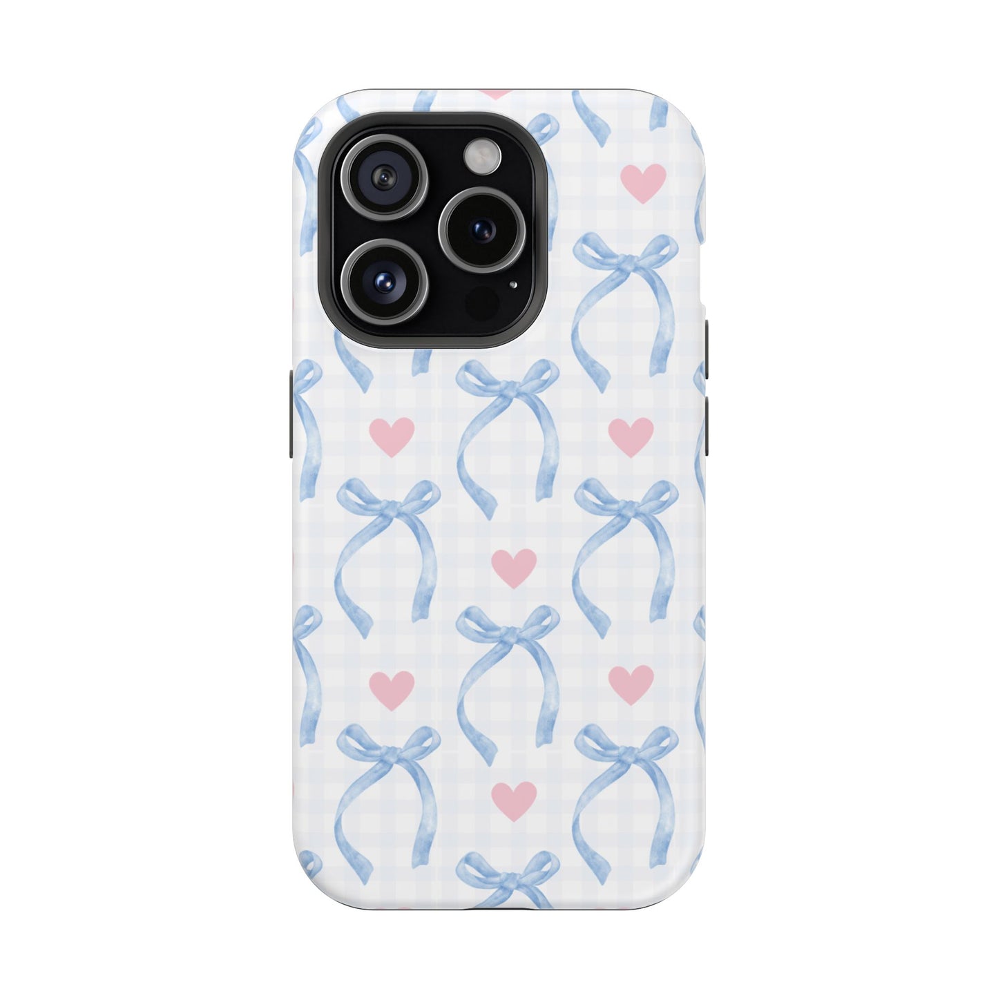 Blue Coquette Magnetic iPhone Case featuring a light blue gingham pattern with bows and hearts, compatible with iPhone 13, 14, 15, and 16 models.