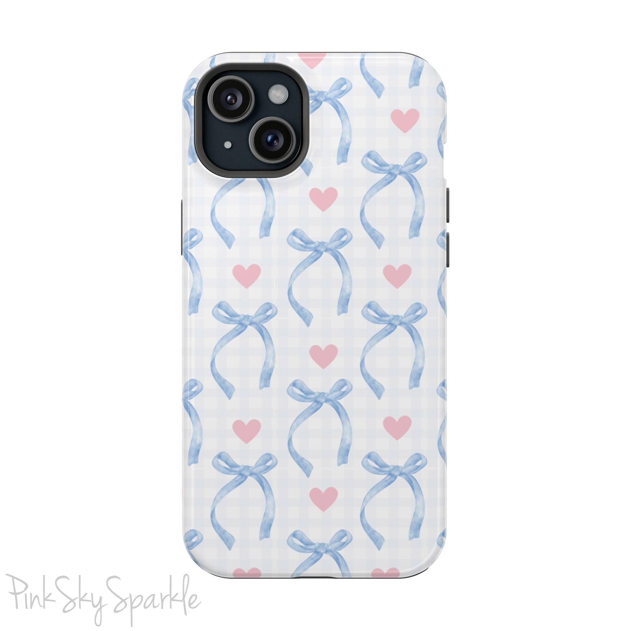 Blue Coquette Magnetic iPhone Case featuring a light blue gingham pattern with bows and hearts, compatible with iPhone 13, 14, 15, and 16 models.