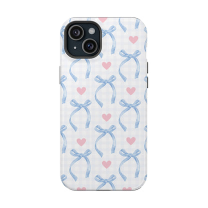 Blue Coquette Magnetic iPhone Case featuring a light blue gingham pattern with bows and hearts, compatible with iPhone 13, 14, 15, and 16 models.