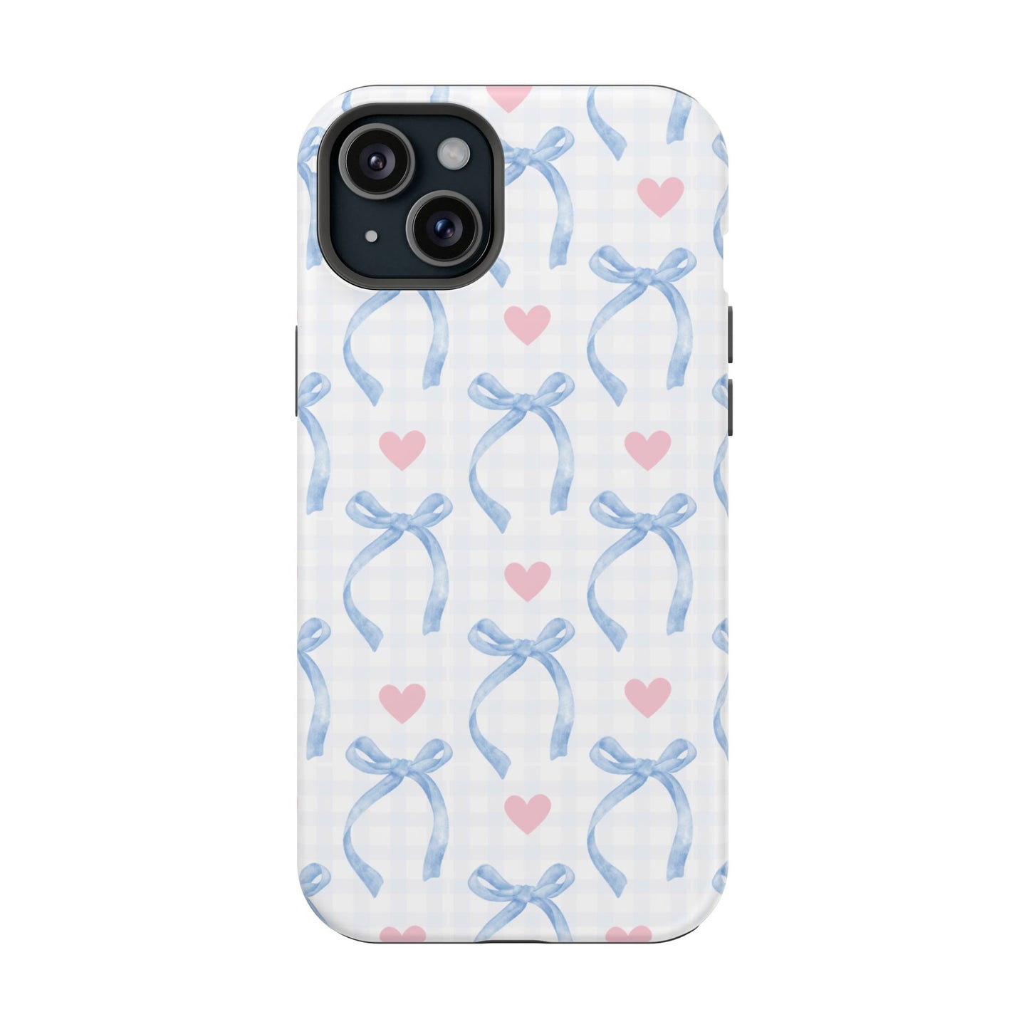 Blue Coquette Magnetic iPhone Case featuring a light blue gingham pattern with bows and hearts, compatible with iPhone 13, 14, 15, and 16 models.