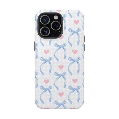 Blue Coquette Magnetic iPhone Case featuring a light blue gingham pattern with bows and hearts, compatible with iPhone 13, 14, 15, and 16 models.