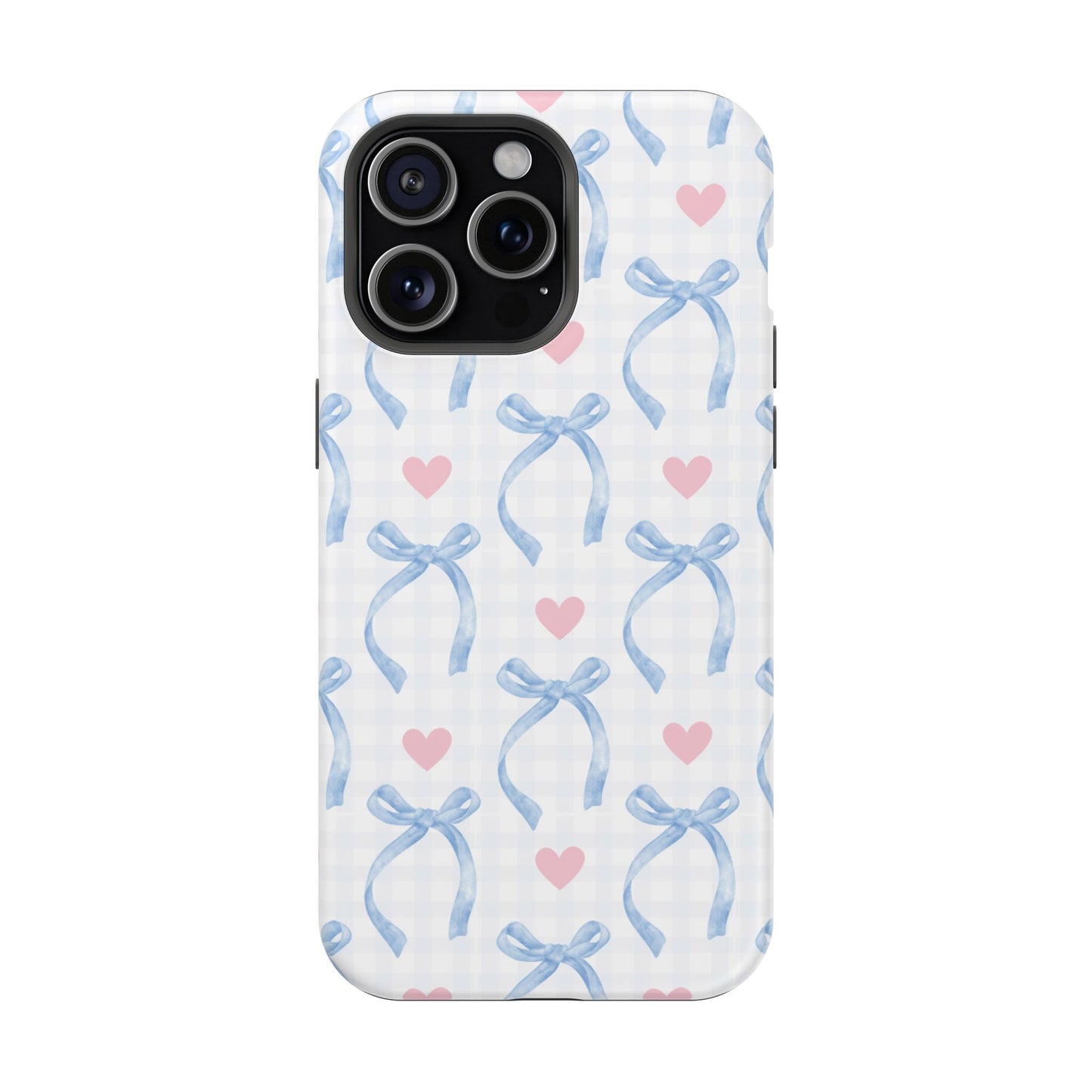 Blue Coquette Magnetic iPhone Case featuring a light blue gingham pattern with bows and hearts, compatible with iPhone 13, 14, 15, and 16 models.