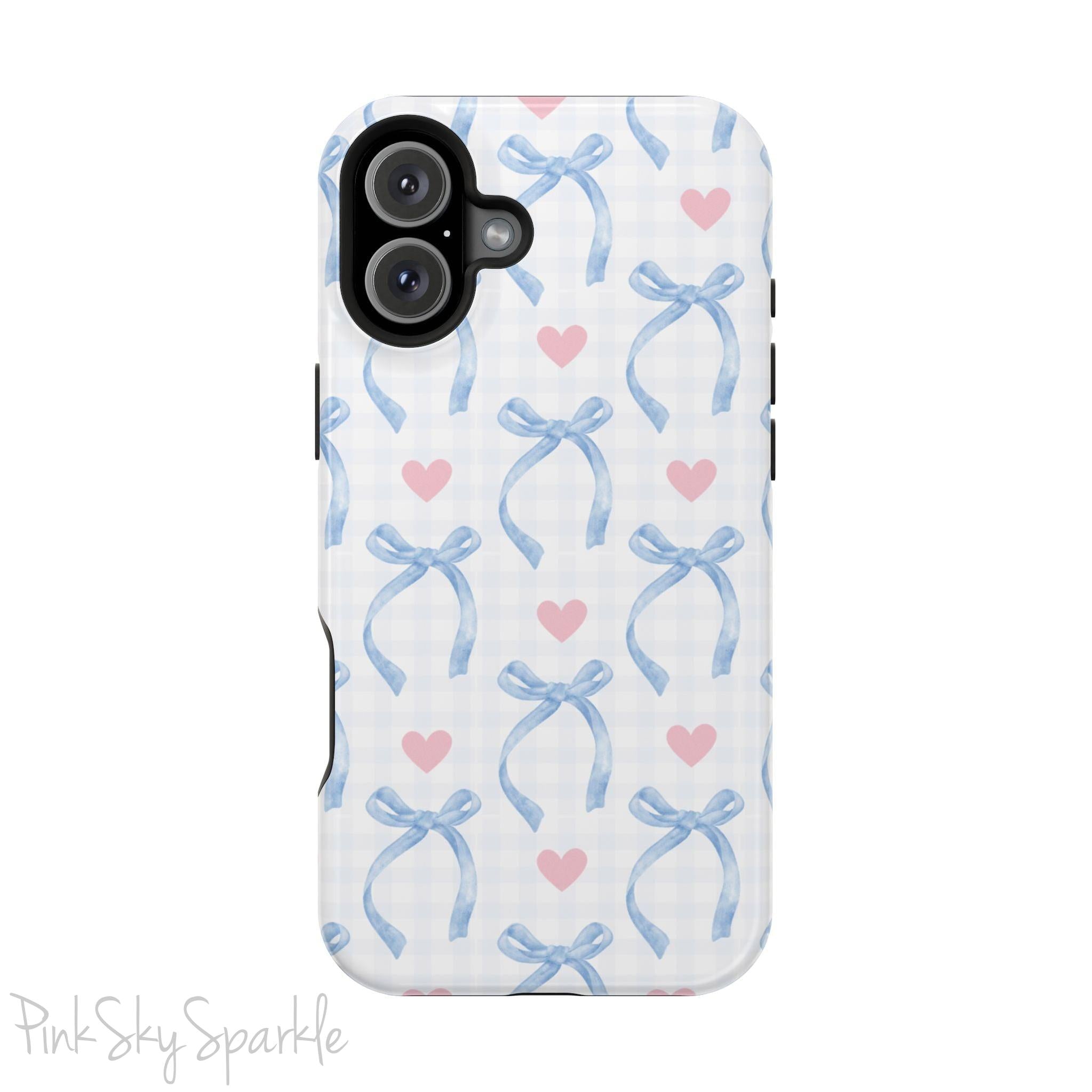 Blue Coquette Magnetic iPhone Case featuring a light blue gingham pattern with bows and hearts, compatible with iPhone 13, 14, 15, and 16 models.