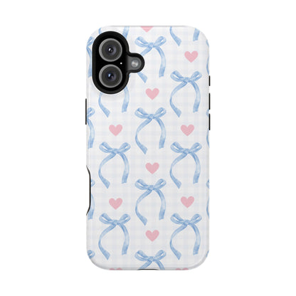 Blue Coquette Magnetic iPhone Case featuring a light blue gingham pattern with bows and hearts, compatible with iPhone 13, 14, 15, and 16 models.