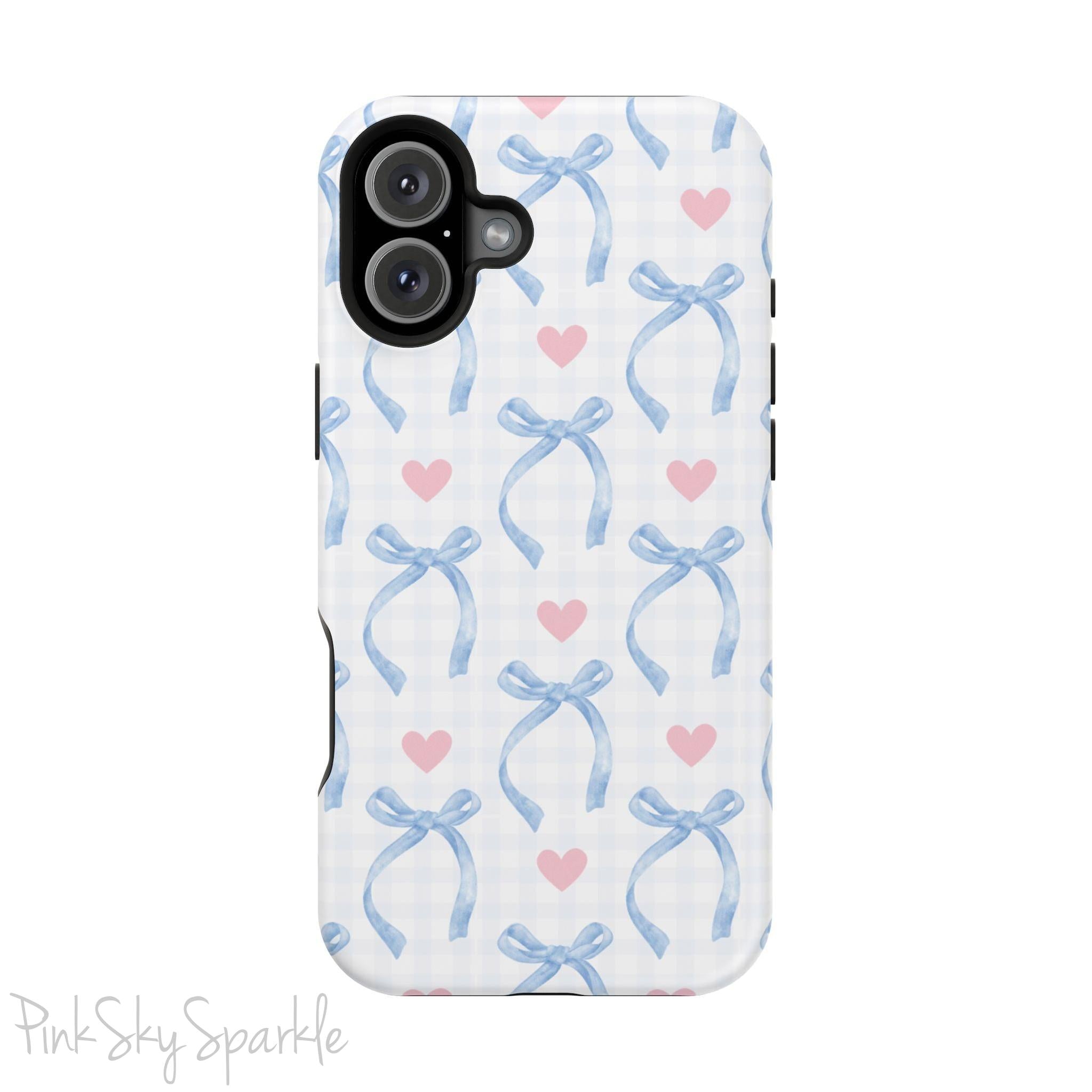 Blue Coquette Magnetic iPhone Case featuring a light blue gingham pattern with bows and hearts, compatible with iPhone 13, 14, 15, and 16 models.