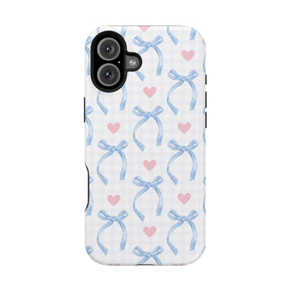 Blue Coquette Magnetic iPhone Case featuring a light blue gingham pattern with bows and hearts, compatible with iPhone 13, 14, 15, and 16 models.