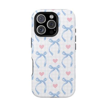 Blue Coquette Magnetic iPhone Case featuring a light blue gingham pattern with bows and hearts, compatible with iPhone 13, 14, 15, and 16 models.