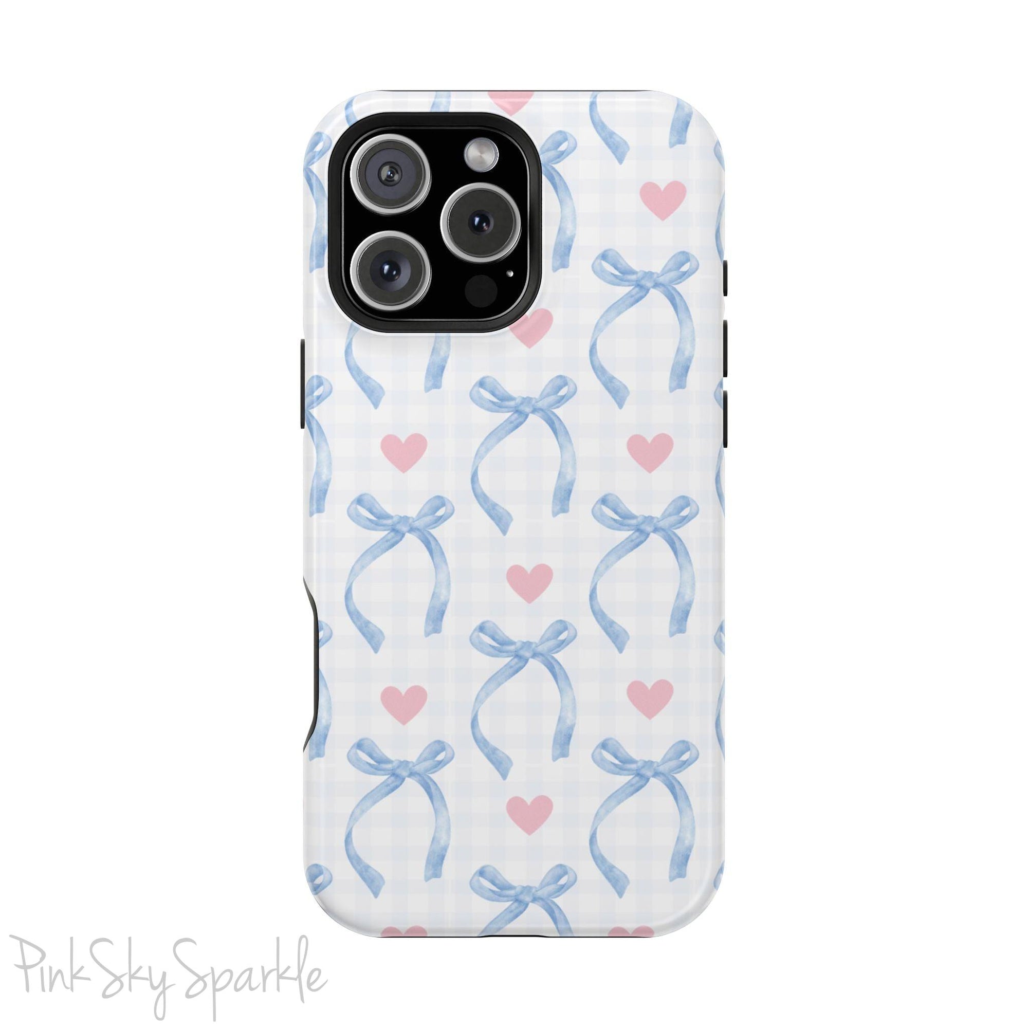 Blue Coquette Magnetic iPhone Case featuring a light blue gingham pattern with bows and hearts, compatible with iPhone 13, 14, 15, and 16 models.