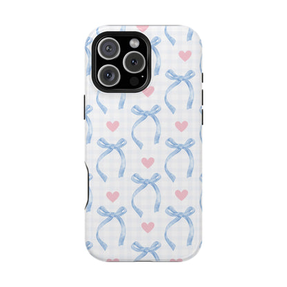 Blue Coquette Magnetic iPhone Case featuring a light blue gingham pattern with bows and hearts, compatible with iPhone 13, 14, 15, and 16 models.