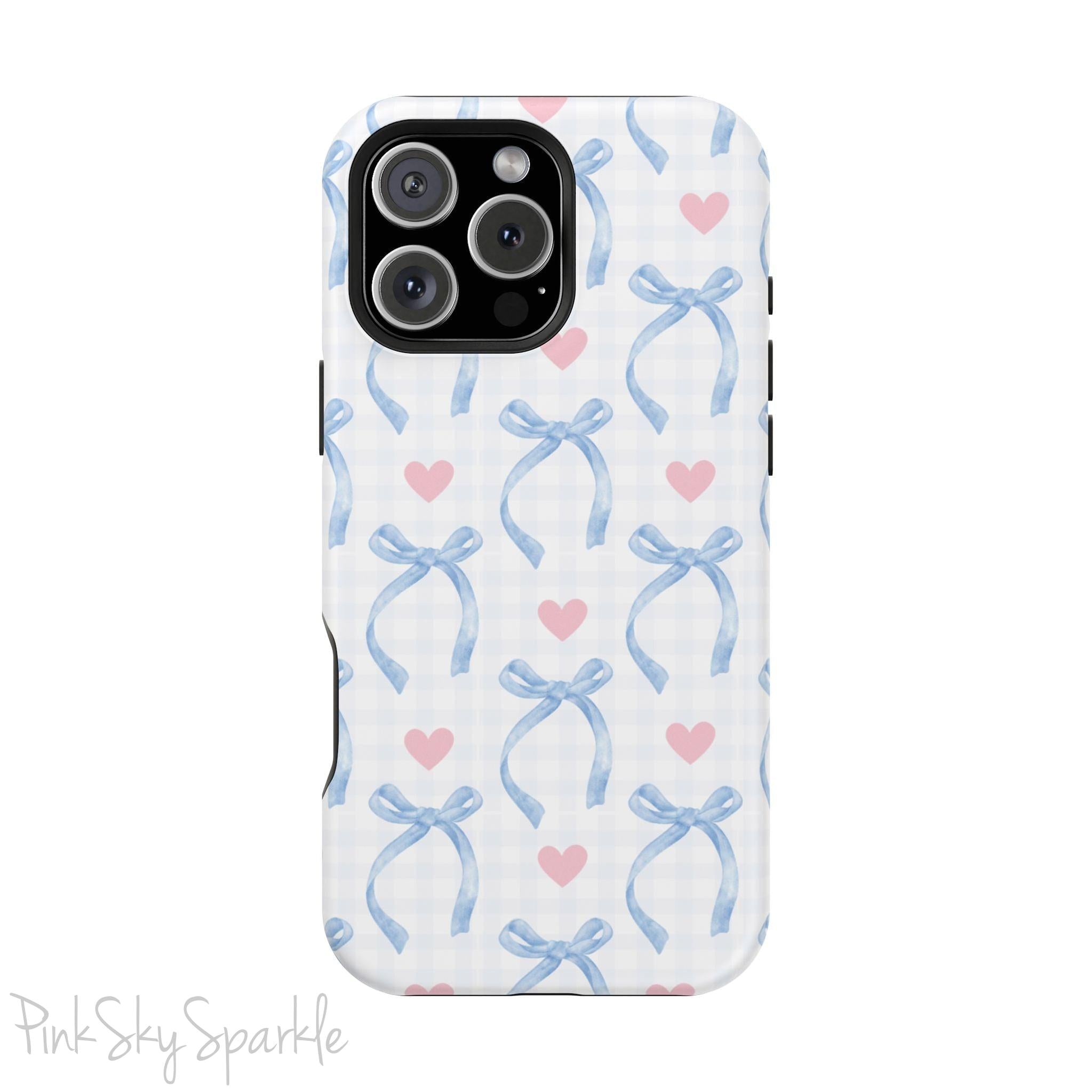 Blue Coquette Magnetic iPhone Case featuring a light blue gingham pattern with bows and hearts, compatible with iPhone 13, 14, 15, and 16 models.