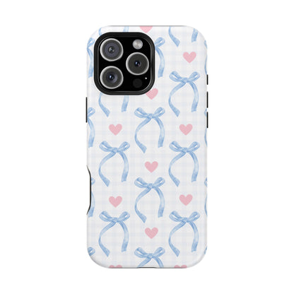 Blue Coquette Magnetic iPhone Case featuring a light blue gingham pattern with bows and hearts, compatible with iPhone 13, 14, 15, and 16 models.