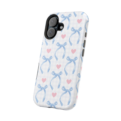 Blue Coquette Magnetic iPhone Case featuring a light blue gingham pattern with bows and hearts, compatible with iPhone 13, 14, 15, and 16 models.