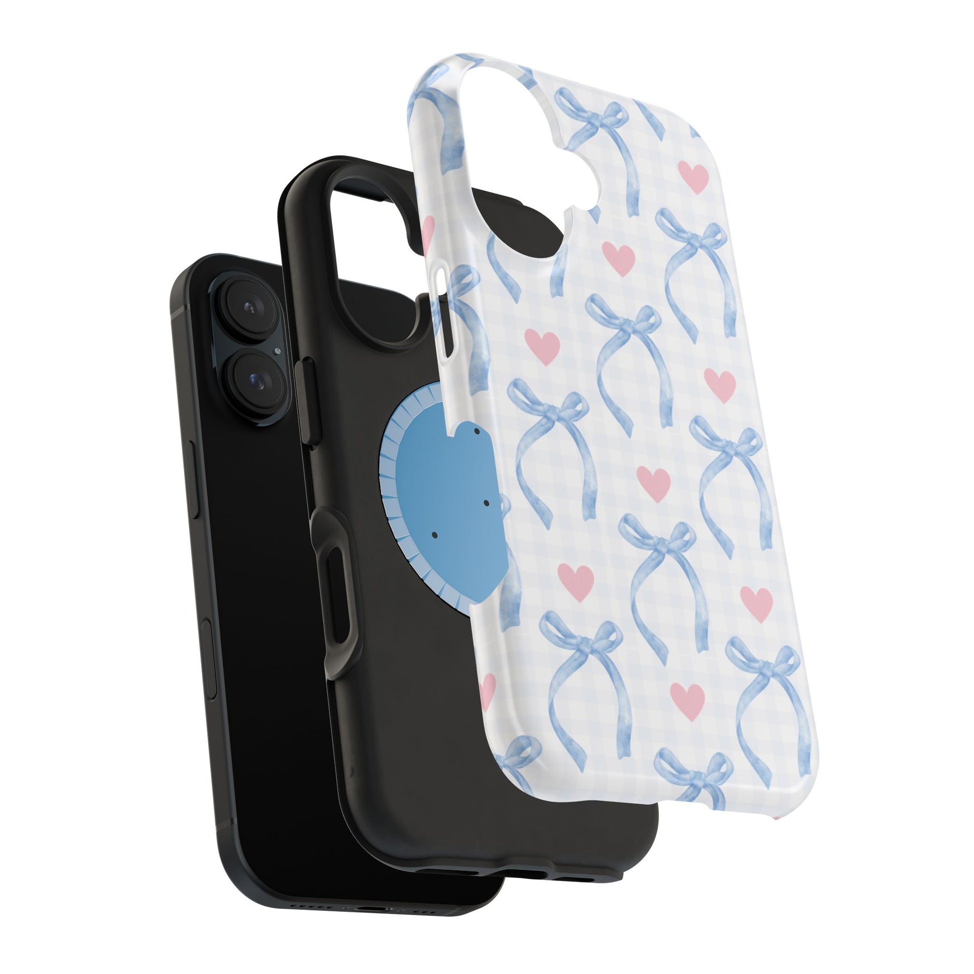 Blue Coquette Magnetic iPhone Case featuring a light blue gingham pattern with bows and hearts, compatible with iPhone 13, 14, 15, and 16 models.