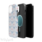 Blue Coquette Magnetic iPhone Case featuring a light blue gingham pattern with bows and hearts, compatible with iPhone 13, 14, 15, and 16 models.