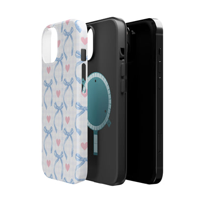 Blue Coquette Magnetic iPhone Case featuring a light blue gingham pattern with bows and hearts, compatible with iPhone 13, 14, 15, and 16 models.