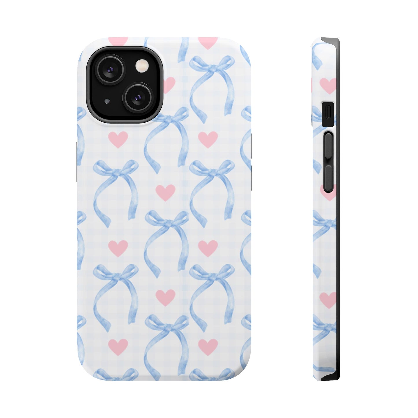 Blue Coquette Magnetic iPhone Case featuring a light blue gingham pattern with bows and hearts, compatible with iPhone 13, 14, 15, and 16 models.