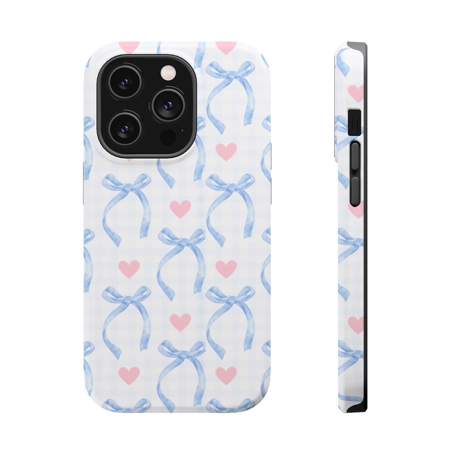 Blue Coquette Magnetic iPhone Case featuring a light blue gingham pattern with bows and hearts, compatible with iPhone 13, 14, 15, and 16 models.