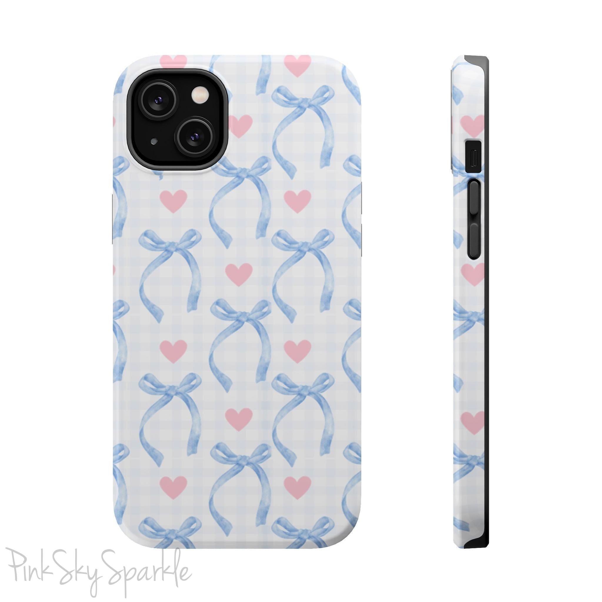 Blue Coquette Magnetic iPhone Case featuring a light blue gingham pattern with bows and hearts, compatible with iPhone 13, 14, 15, and 16 models.