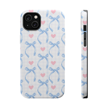 Blue Coquette Magnetic iPhone Case featuring a light blue gingham pattern with bows and hearts, compatible with iPhone 13, 14, 15, and 16 models.