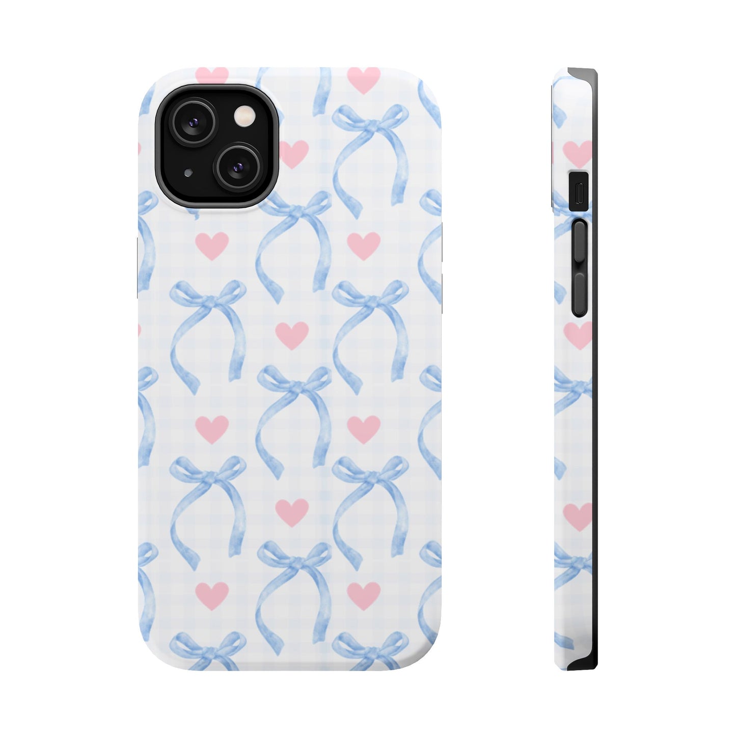 Blue Coquette Magnetic iPhone Case featuring a light blue gingham pattern with bows and hearts, compatible with iPhone 13, 14, 15, and 16 models.