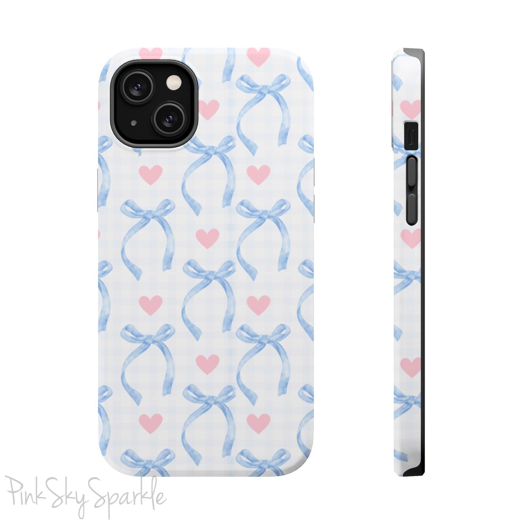 Blue Coquette Magnetic iPhone Case featuring a light blue gingham pattern with bows and hearts, compatible with iPhone 13, 14, 15, and 16 models.