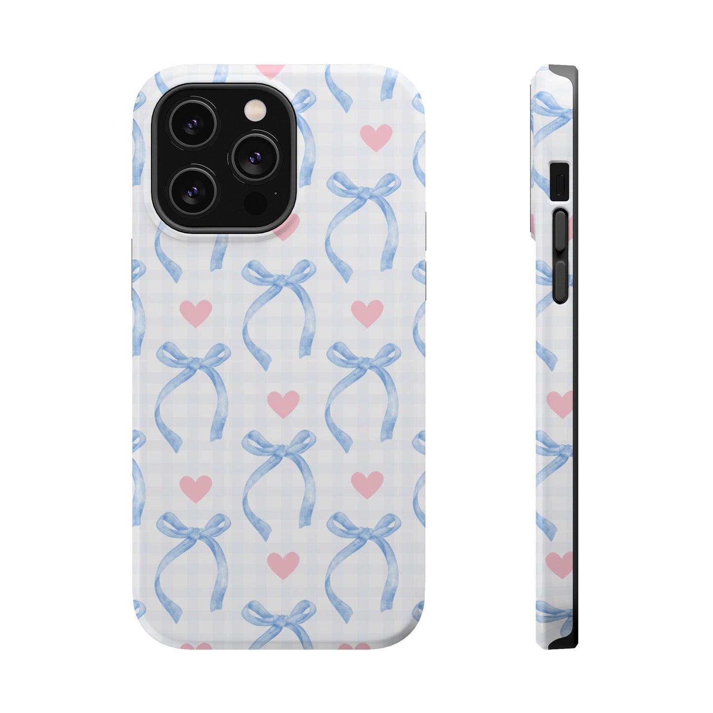 Blue Coquette Magnetic iPhone Case featuring a light blue gingham pattern with bows and hearts, compatible with iPhone 13, 14, 15, and 16 models.