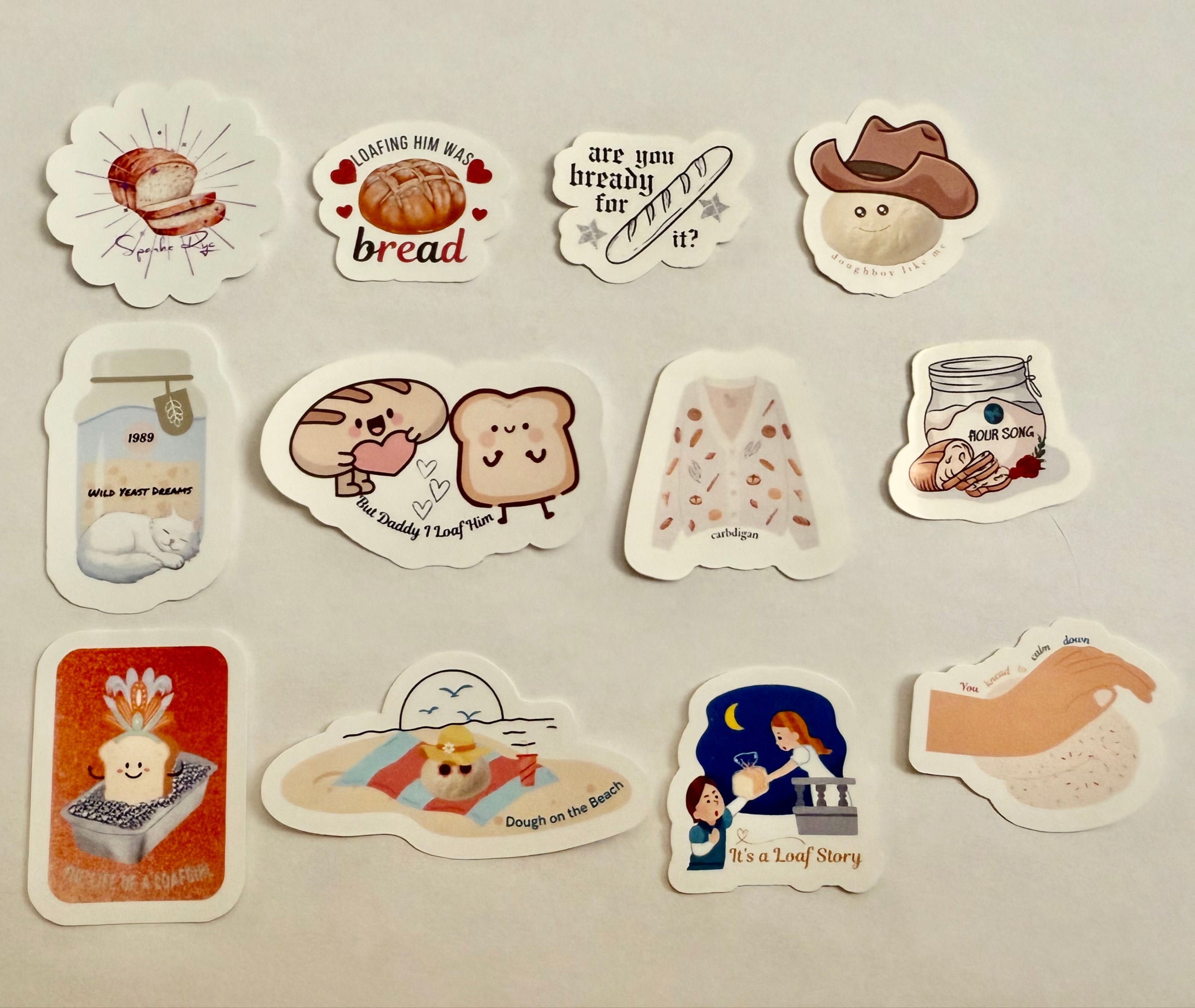 Sticker set with 12 stickers with various funny bread puns