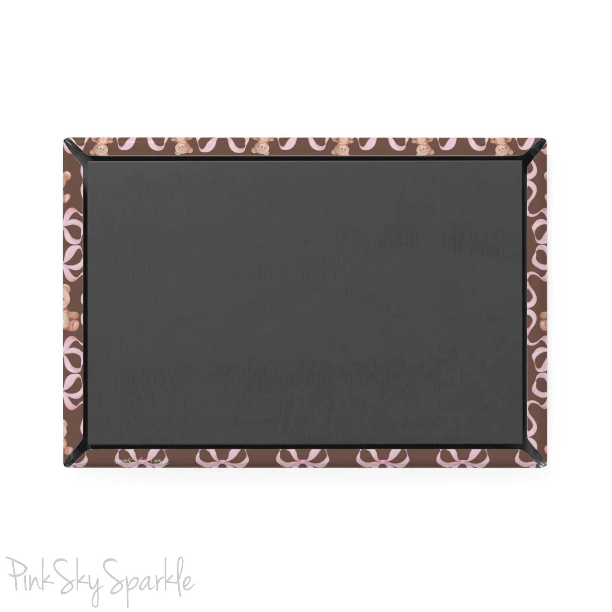 Brown Teddy Bear Coquette Rectangle Button Magnet, featuring a brown background with pink bows and brown teddy bears wearing pink bows. 