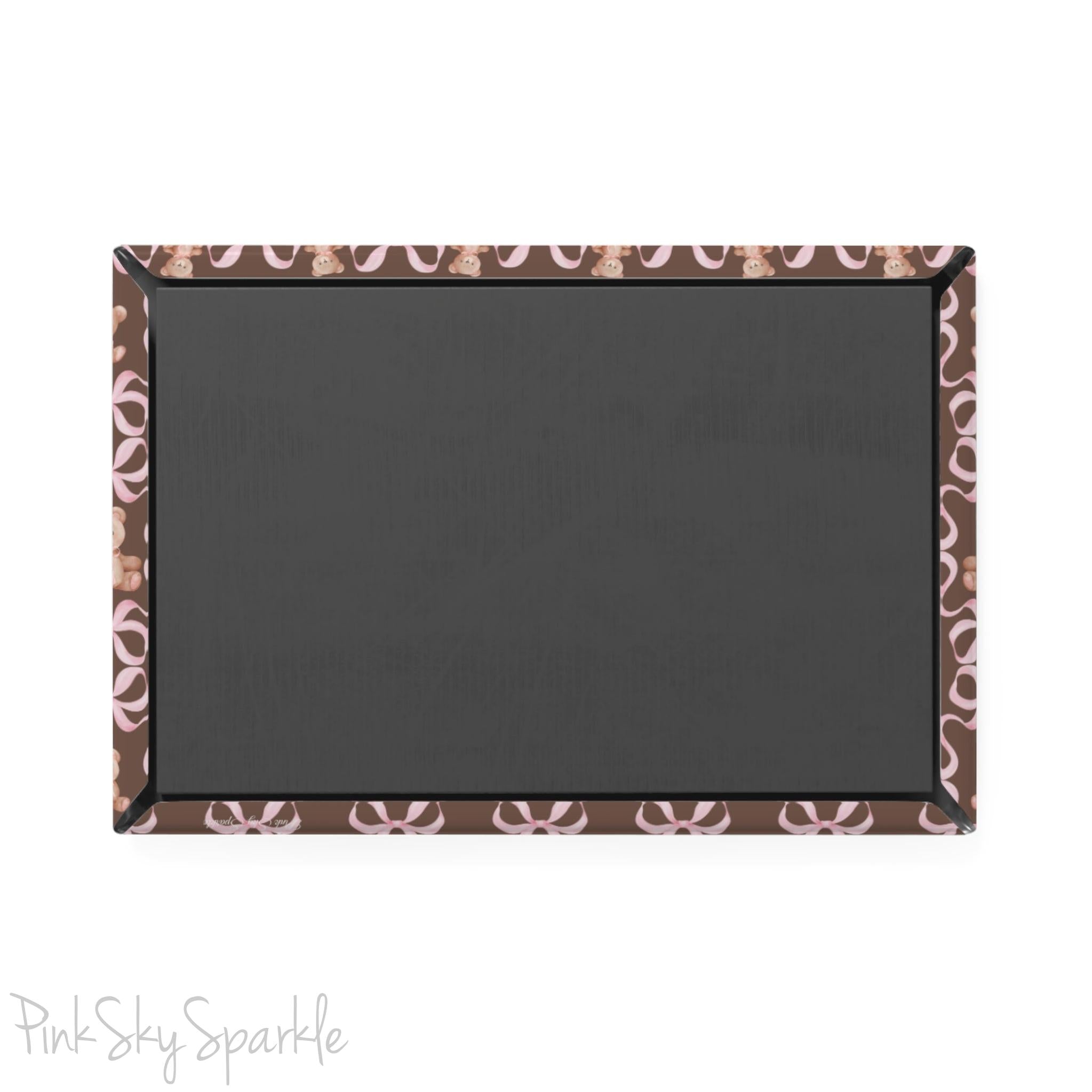 Brown Teddy Bear Coquette Rectangle Button Magnet, featuring a brown background with pink bows and brown teddy bears wearing pink bows. 