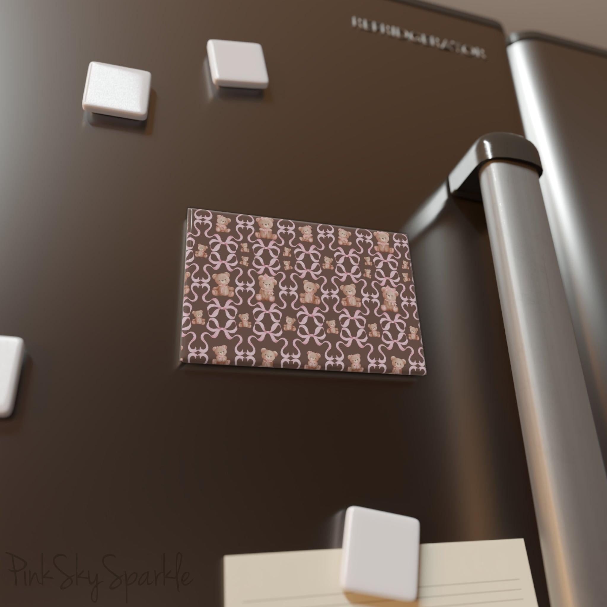 Brown Teddy Bear Coquette Rectangle Button Magnet, featuring a brown background with pink bows and brown teddy bears wearing pink bows. 