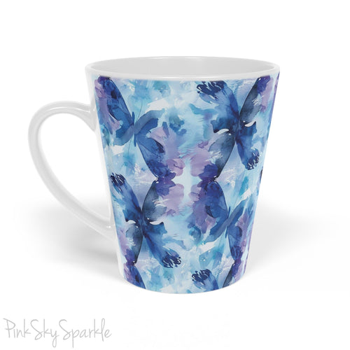 A beautiful 12oz latte mug with a blue and purple abstract watercolor butterfly design.