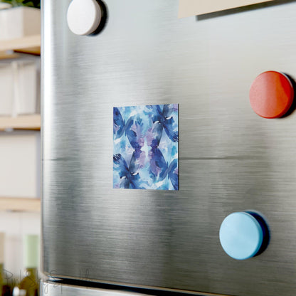 Butterfly Elegance Square Magnet. A square magnet or the refrigerator or any magnetic surface featuring a blue and purple abstract watercolor butterfly design. 