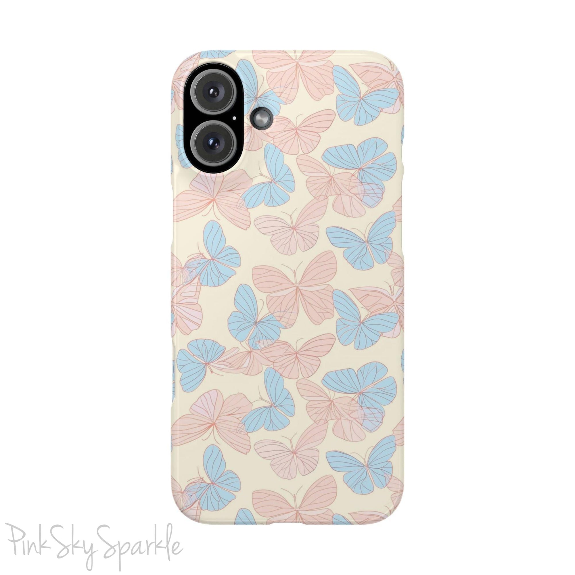Butterfly Slim iPhone Case. Featuring a neutral background with a pattern of light pink and light blue butterflies.