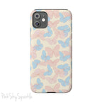 Butterfly Slim iPhone Case. Featuring a neutral background with a pattern of light pink and light blue butterflies.