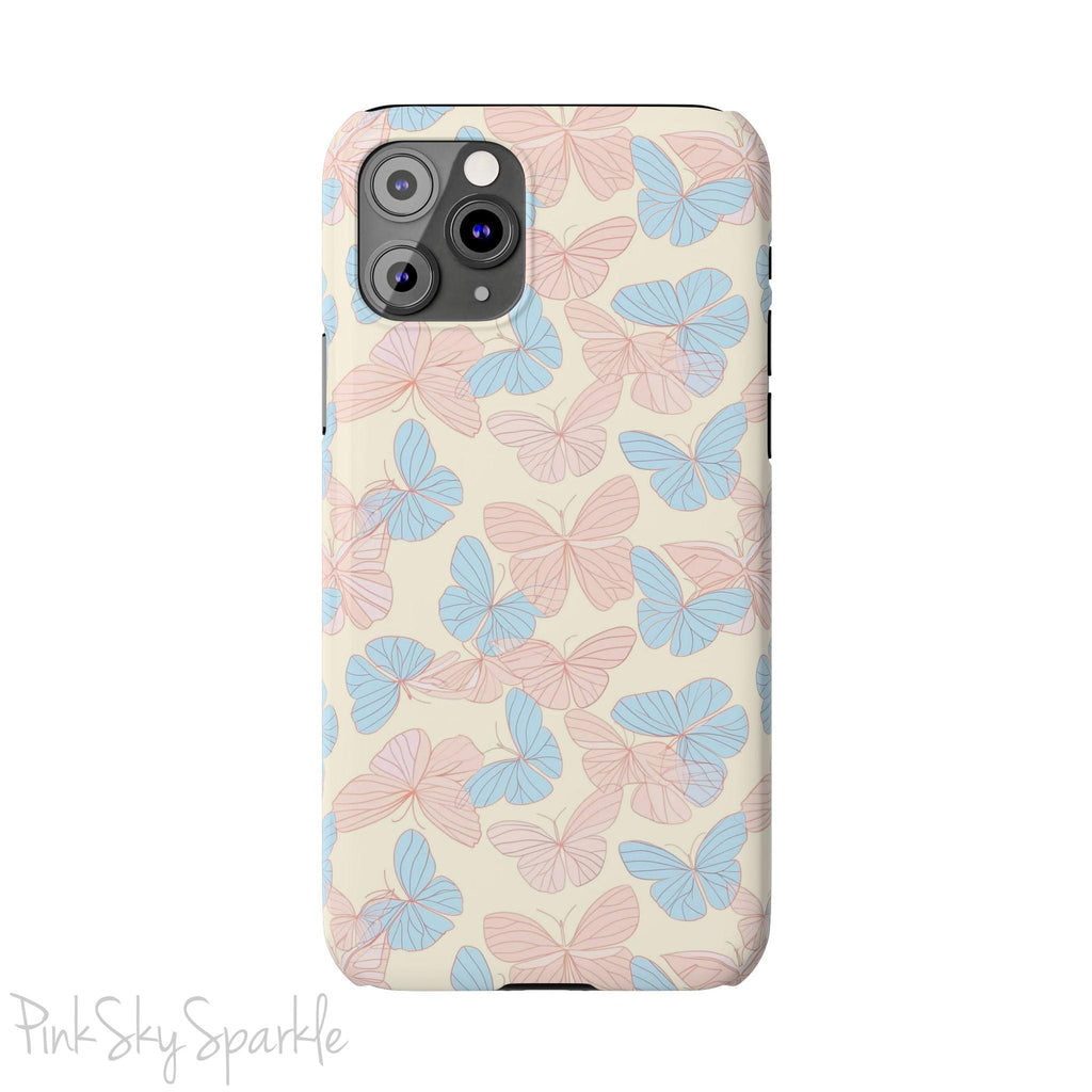 Butterfly Slim iPhone Case. Featuring a neutral background with a pattern of light pink and light blue butterflies.