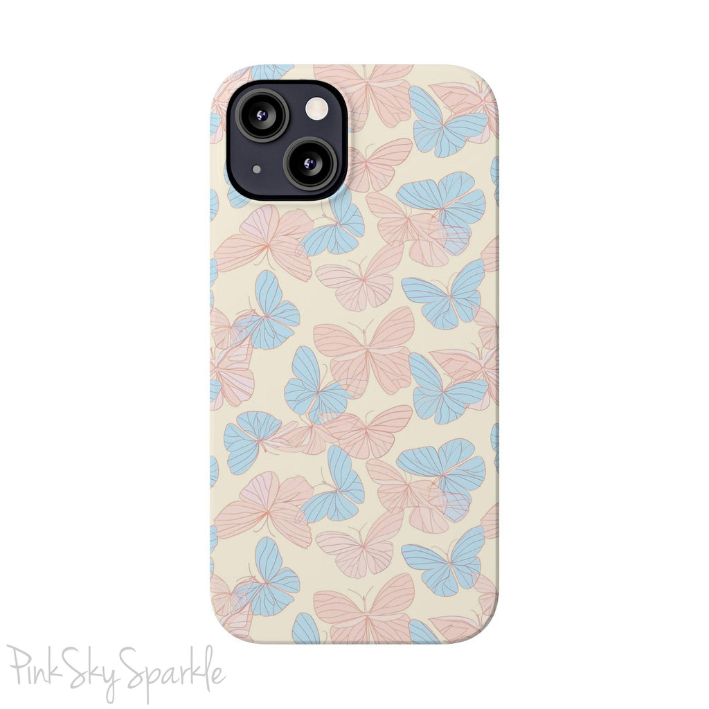 Butterfly Slim iPhone Case. Featuring a neutral background with a pattern of light pink and light blue butterflies.