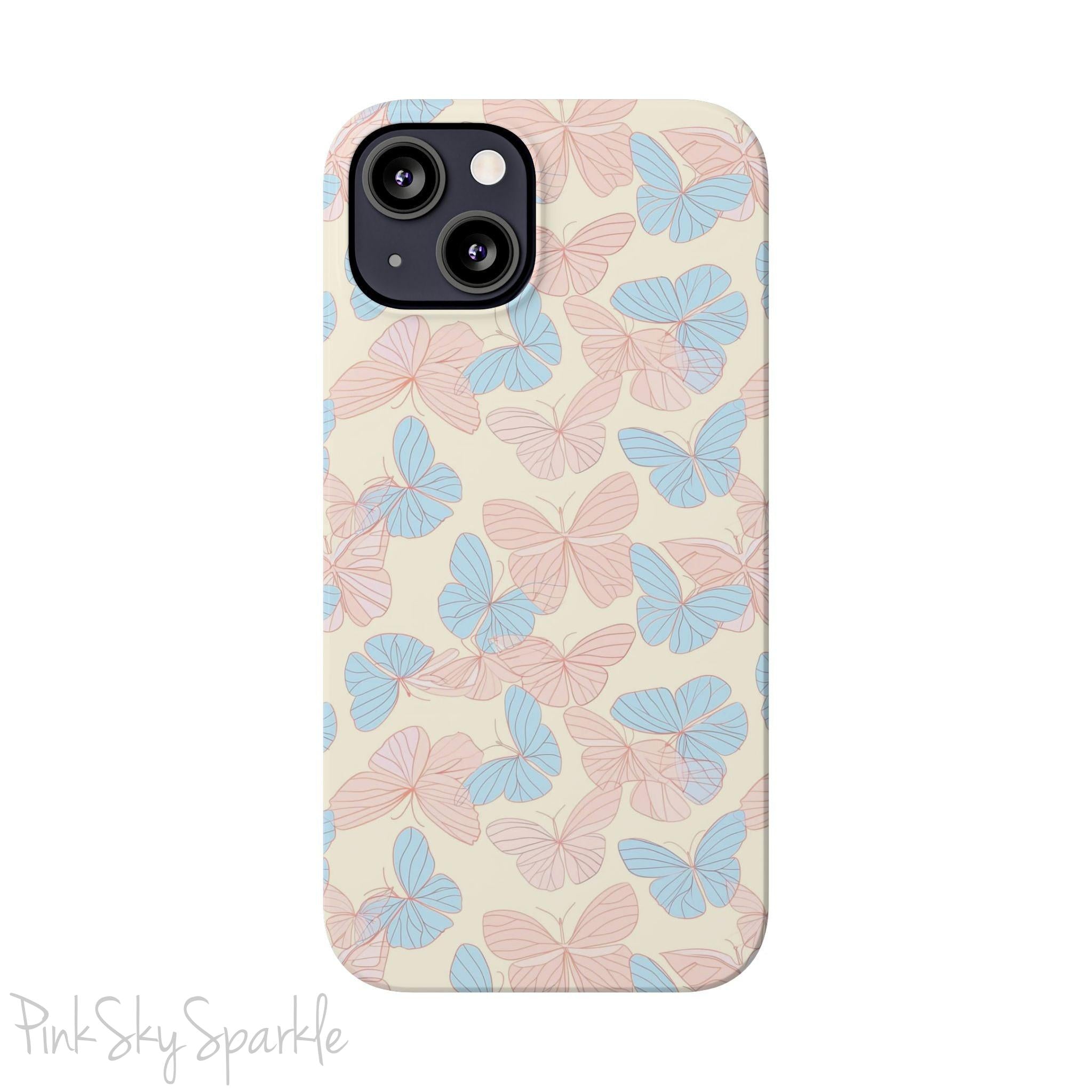 Butterfly Slim iPhone Case. Featuring a neutral background with a pattern of light pink and light blue butterflies.