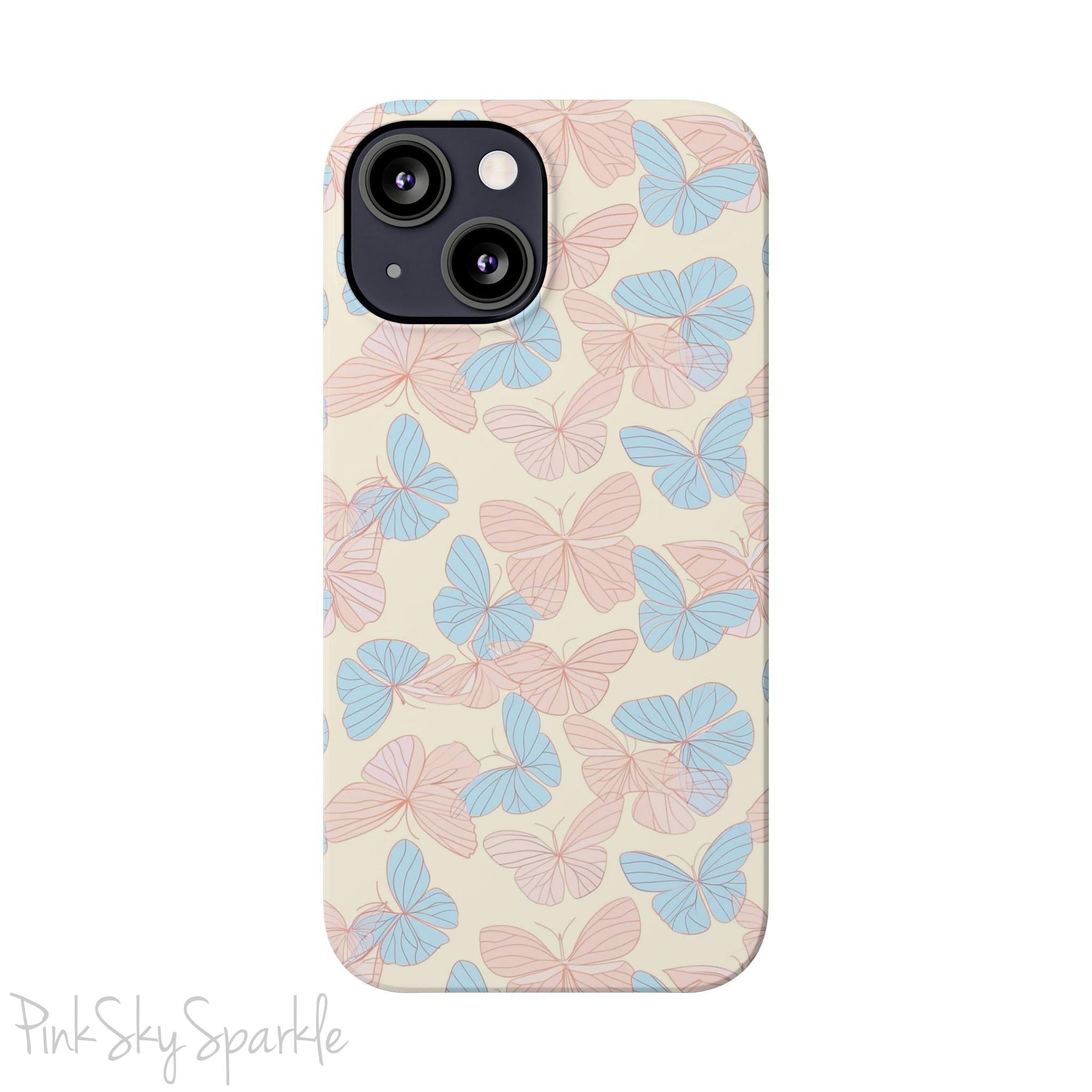 Butterfly Slim iPhone Case. Featuring a neutral background with a pattern of light pink and light blue butterflies.