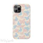Butterfly Slim iPhone Case. Featuring a neutral background with a pattern of light pink and light blue butterflies.
